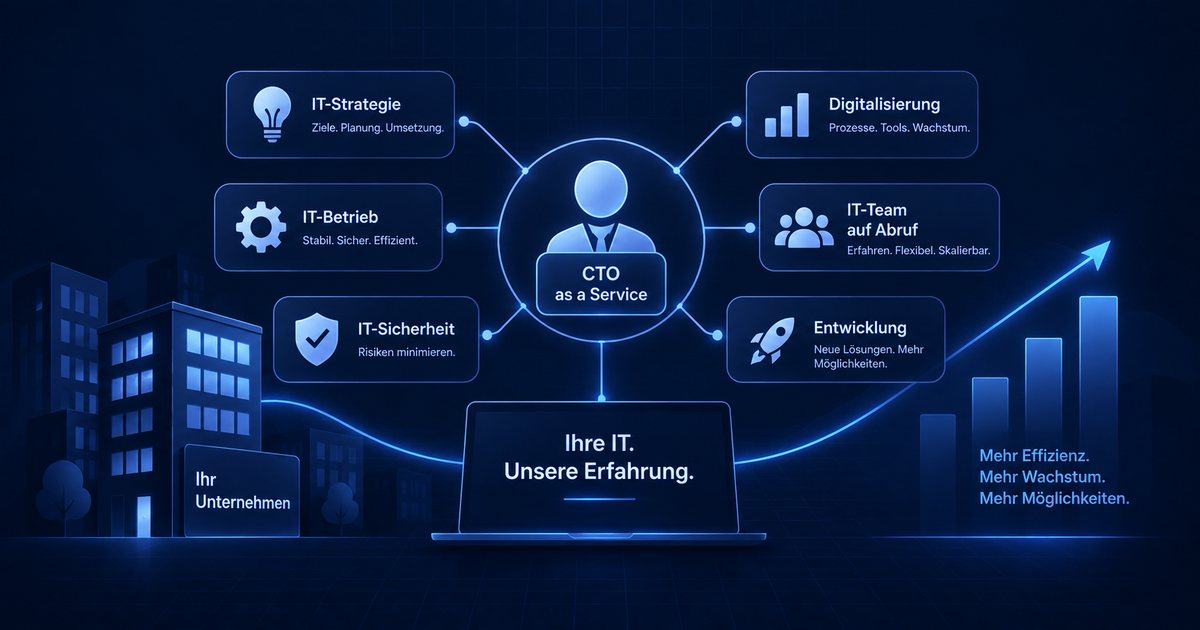 CTO as a Service: zentrale Technik-Verantwortung verbindet IT-Strategie, IT-Betrieb, IT-Sicherheit, Digitalisierung, IT-Team auf Abruf und Entwicklung