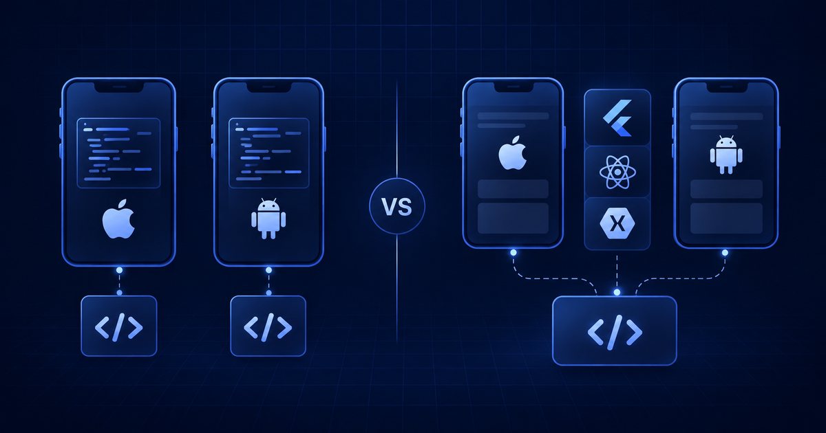 Vergleich nativer App-Entwicklung und Cross-Platform: zwei Smartphone-Umrisse mit gemeinsamer und getrennter Codebasis