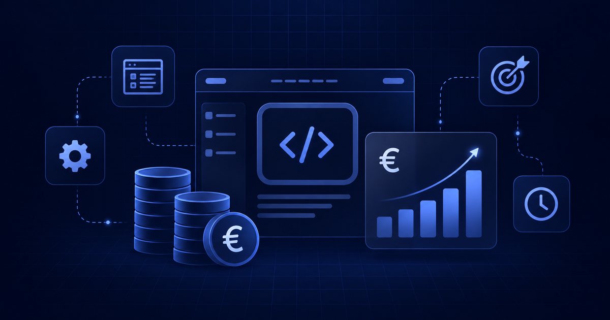 Illustration Web-App-Entwicklungskosten: Code-Fenster, Euro-Münzen und wachsendes Kosten-Diagramm