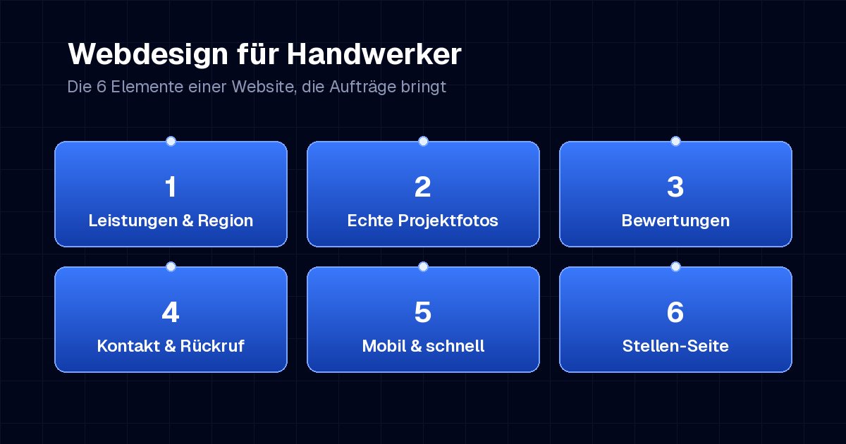 Die 6 Elemente einer Handwerker-Website: Leistungen & Region, echte Projektfotos, Bewertungen, Kontakt & Rückruf, mobil & schnell, Stellen-Seite